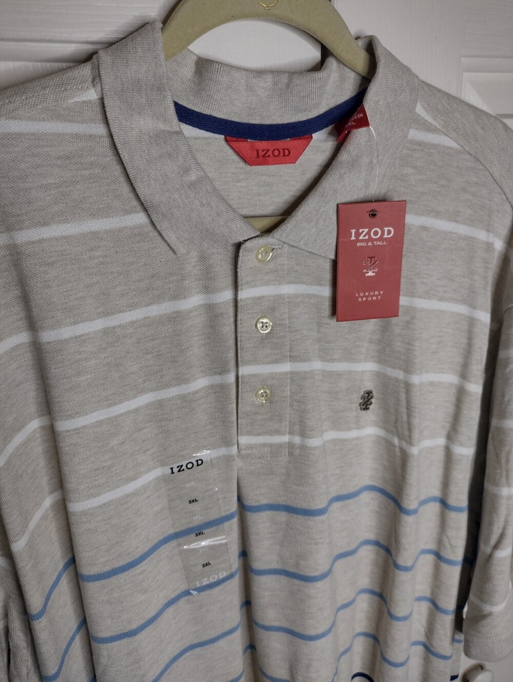 NWT IZOD 3XL Luxury Sport Mens City Stripes Polo Shirt Gray White Blue w/ Logo